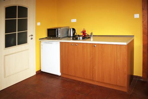 a kitchen with a sink and a microwave on a counter at Chalupa Chiranka in Lipova Lazne