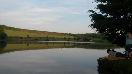 two people sitting on a blanket next to a lake at Árpád Ház in Alsónána