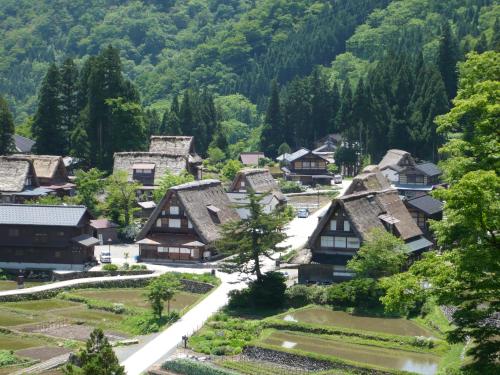 an old village in the mountains with trees at Gokayama Onsen Akaokan in Nanto