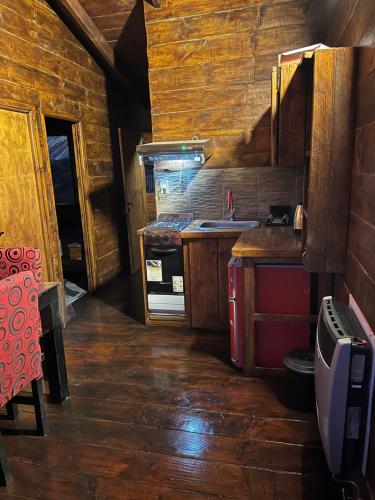 Una cocina con estufa y fregadero en una habitación. en Cabaña De Montaña Ámber II, en San Carlos de Bariloche