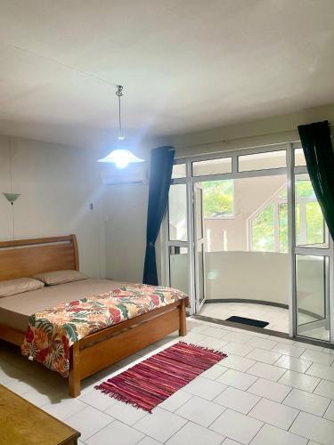 a bedroom with a bed and a large window at Nenuphar 3 Bedroom-Apartment in Flic-en-Flac