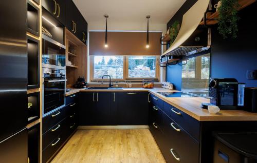 a kitchen with blue cabinets and a large window at Cozy Home In Ravna Gora With Sauna in Ravna Gora