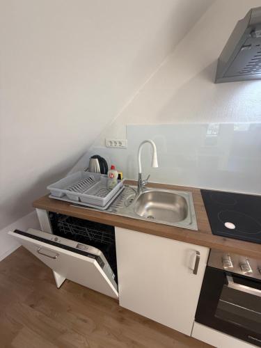 a small kitchen with a sink and a stove at Apartma Klemenc in Bohinj