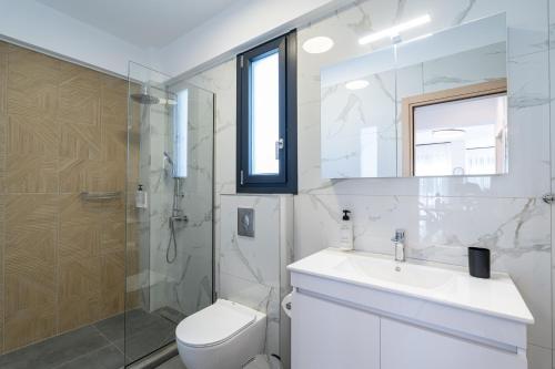 a bathroom with a toilet and a sink and a shower at Olympiada Residential Complex & Villas in Ofrínion