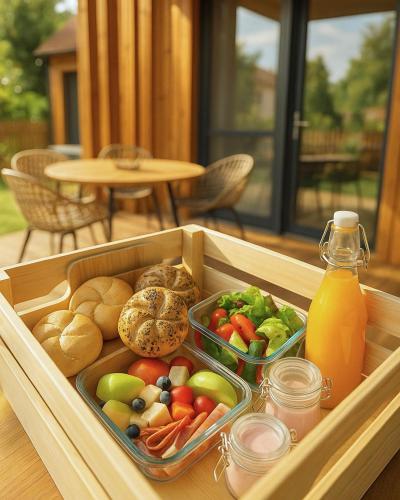 a lunch box with fruits and vegetables and a bottle of juice at Natur Lodge Tiszafüred in Tiszafüred