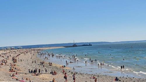 un grande gruppo di persone su una spiaggia di Perrey plage a Le Havre