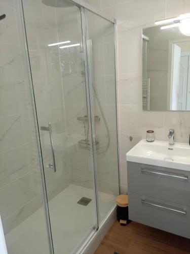 un bagno con doccia e lavandino di Perrey plage a Le Havre