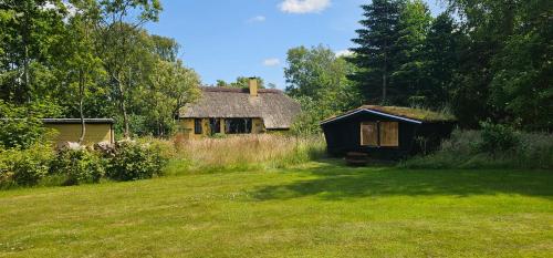 an old house in a grassy yard with afficientfficientfficientfficient at Astrup Vig Hideaway, Thatched Cottage with Shelter & Serenity in Roslev