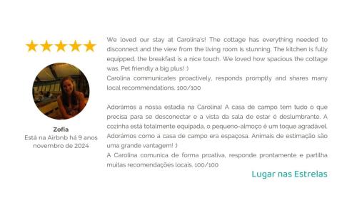 a screenshot of a page of a webpage with a screenshot of a review at Lugar Nas Estrelas Starlight Outdoor Fireplace in Peso