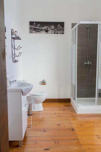 a bathroom with a toilet and a sink and a shower at Alojamento O Tordo in Torrão