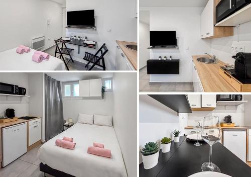 een collage van foto's van een kamer met een bed en een keuken bij Studio Centre Ville proche TRAM & Port, Wifi Gratuit in Nice