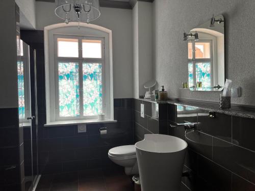 a bathroom with a toilet and a window at CG Haensch in Großschönau