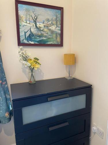 a blue dresser with a lamp and a painting on the wall at Ilford Express Room in East London in Ilford
