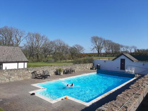 a person swimming in a large swimming pool at Trenewydd Farm Holiday Cottages in Cardigan