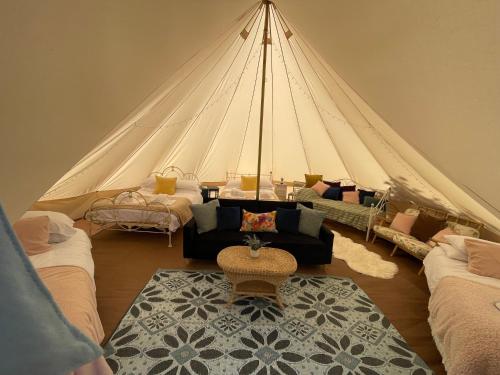 a room with a tent with beds and a couch at Stargazer Glamping UK Andromeda 6 People in Ross on Wye