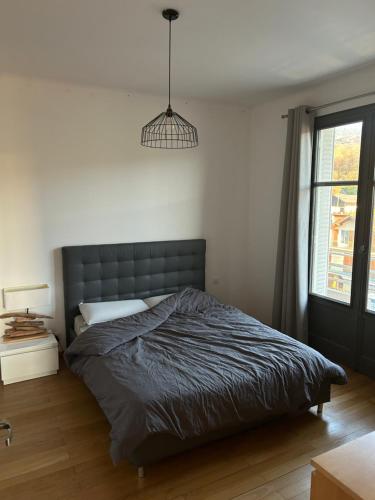 a bedroom with a bed and a pendant light at Résidence le Lumina in Maxilly-sur-Léman