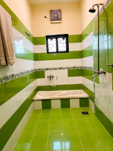 a green and white bathroom with a tub and shower at Infinity Hotel in Lahore