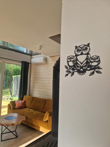 a living room with a couch and an owl on the wall at Chill Chaty in Tarnobrzeg