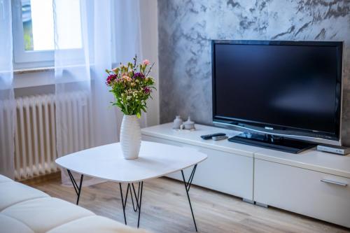a living room with a vase of flowers on a table at Sixtn Apartments Bühlertal in Bühlertal