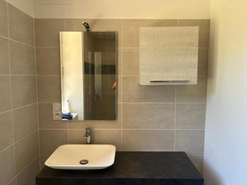 une salle de bain avec un lavabo et un miroir dans l'établissement le Bosc de castang, à Pressignac