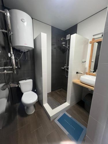 Un baño con ducha, inodoro y lavabo. en Privat-Villa-Котедж, en Mykulychyn