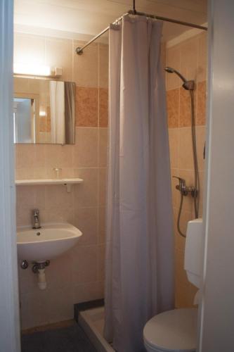 La salle de bains est pourvue d'un rideau de douche blanc et d'un lavabo. dans l'établissement Hôtel Belle Meunière, à Nice