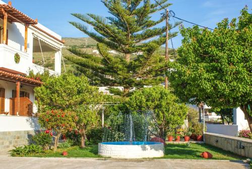 a pine tree in a yard with a fountain at Villa Joanna in Batsi