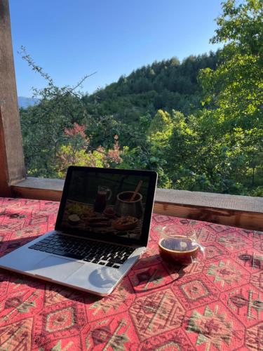 a laptop computer sitting on a table with a view at Milky Way Guest House in Znakva