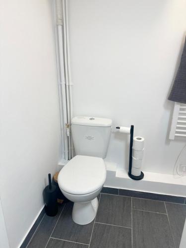 a bathroom with a white toilet in a room at Les suites frontalières T2 avec parking et balcon secteur Thionville Luxembourg in Basse-Yutz