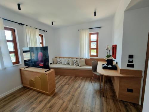 a living room with a couch and a flat screen tv at Palorto Inn in Gjirokastër