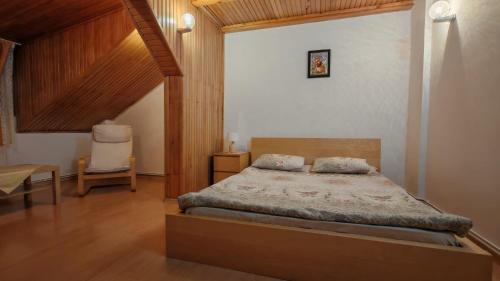 a bedroom with a bed and a chair in it at Sunny Apartment in Predeal