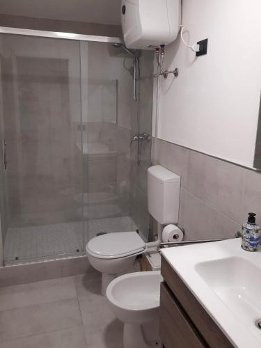 a bathroom with a toilet and a shower and a sink at Le 3 Finestre in Peccioli