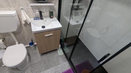 a bathroom with a toilet and a sink and a shower at Room Villa Ribeiro pilgrims way to SANTIAGO bike a garage for Marinhas Esposende in Esposende