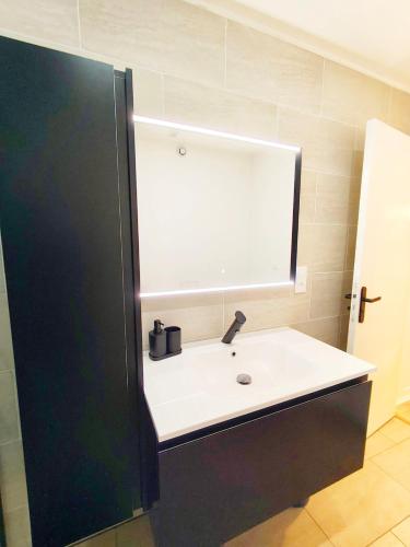 a bathroom with a white sink and a mirror at Les suites frontalières T1 avec parking et balcon secteur Thionville Luxembourg in Basse-Yutz