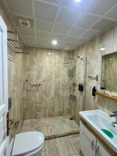 a bathroom with a shower and a toilet and a sink at Ensar Apart in Uzungöl