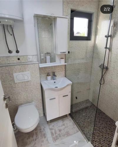 ein Badezimmer mit Toilette, Dusche und Waschbecken in der Unterkunft MILUX in Sanski most