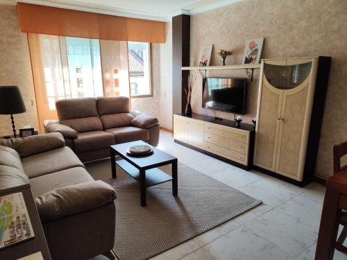 a living room with a couch and a flat screen tv at Piso Pauser in Puentecesures