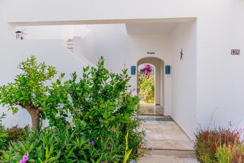 a hallway of a white house with plants at Via Farilya Hotel in Gundogan