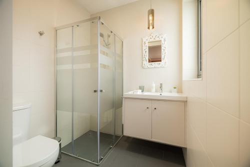 Un baño con ducha, inodoro y lavabo. en Mónaco House, en Ponta Delgada