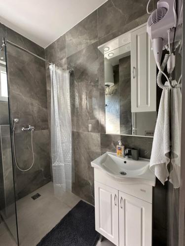 a bathroom with a white sink and a shower at Apartman 2 in Šušanj