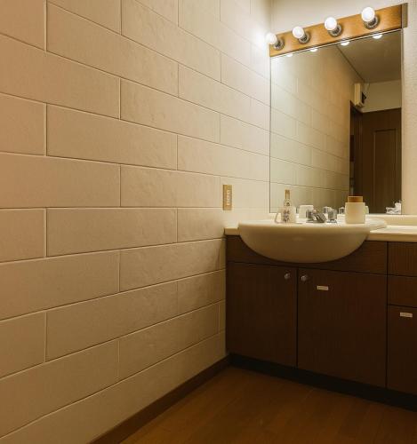a bathroom with a sink and a mirror at 森の中で仲間や家族とゆっくり過ごせる温泉付コテージ 会員制別荘地で広大なプライベート空間 ペット可 那須高原りんどうハウス in Nasu