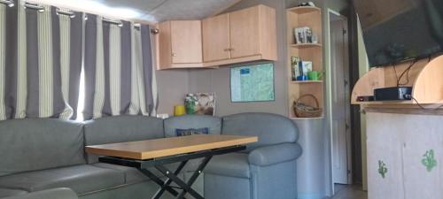 a living room with a couch and a table at Emeraude aux 1000 Etangs in Belonchamp