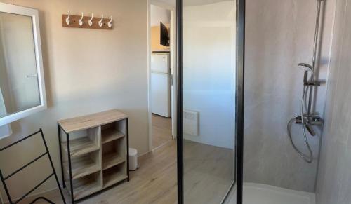 un bagno con doccia e porta a vetri di La Rosée du Cardou a Gavaudun
