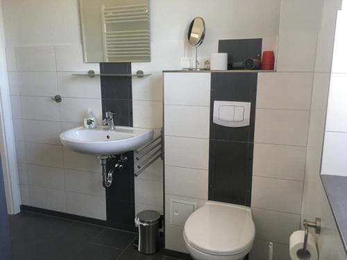 un baño con inodoro y lavabo en Dörpshus im strandnahen Bojendorf, en Fehmarn