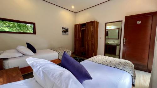 a hotel room with two beds and a mirror at Green Hills Lodge in Usa River
