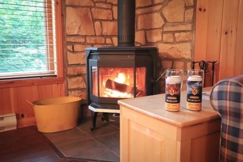 two glasses of beer on a counter with a fireplace at Escapade parfaite - SPA Condo in Saint-Philémon