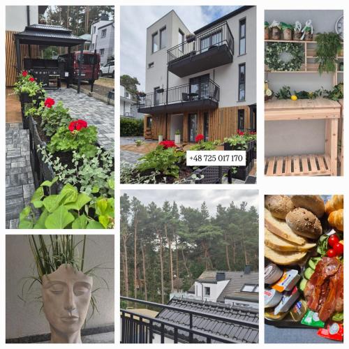 a collage of photos with a house and flowers at Apartamenty Śniadanie do Łóżka in Pobierowo