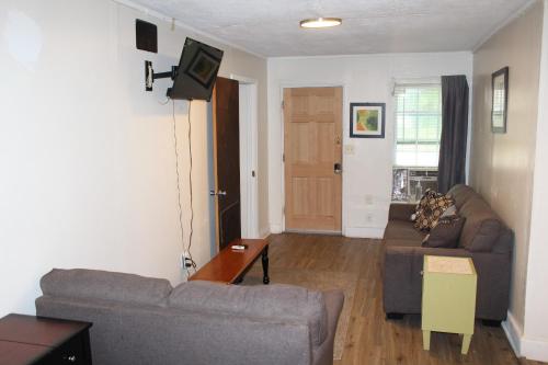 a living room with a couch and a tv at HISTORIC HILL APT2 (Downstairs) in Tuskegee