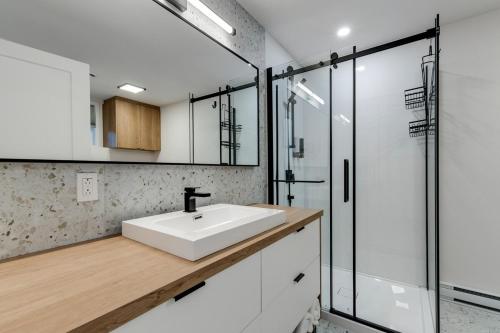 a bathroom with a sink and a shower at Serene Val Amico Spa Fireplace Lake Access in Sainte-Lucie-de-Doncaster