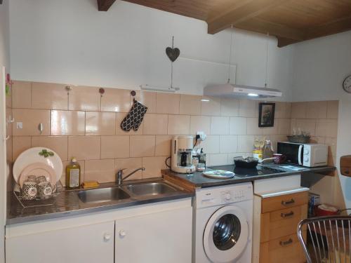 une cuisine avec un évier et une machine à laver dans l'établissement Une petite maison dans un quartier calme dans la zone verte proximité tous commerces, à Carpentras